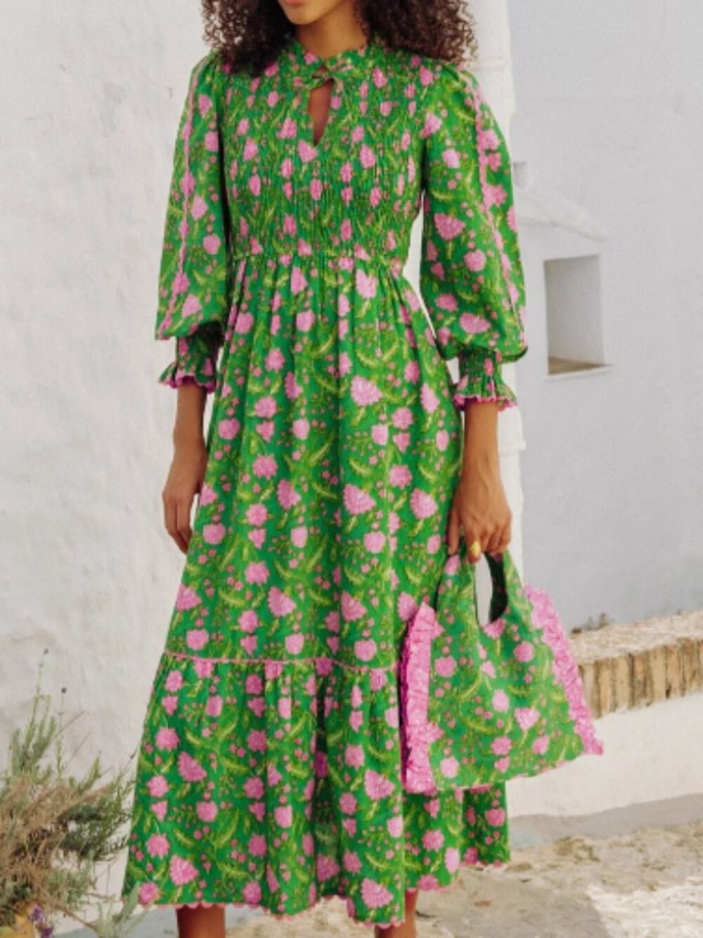 Pink City Prints Amazonian Jungle Izzy Dress Green Pink Large Boho Vacation